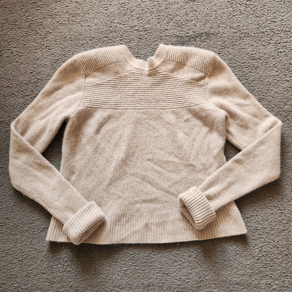 FAHERTY Women's Sweater Medium Beige Wool Cashmere Blend Roll Cuff Minimalist - Picture 5 of 11
